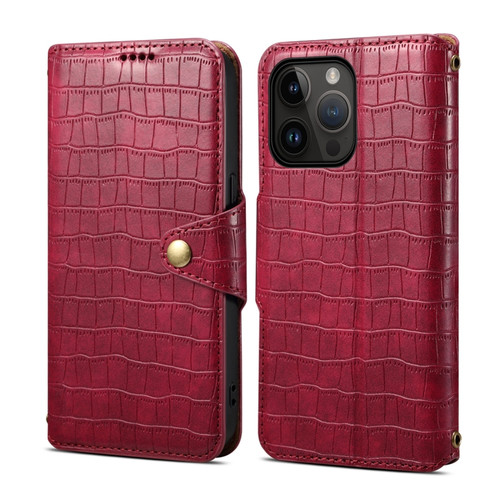 iPhone 15 Pro Denior Crocodile Texture Oil Edge Leather Phone Case - Rose Red