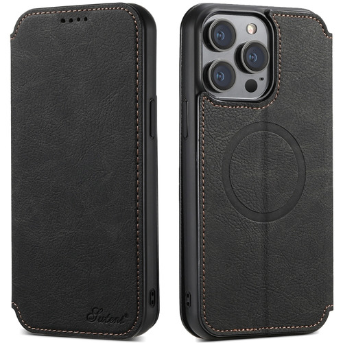 iPhone 15 Pro Suteni J06 Retro Matte Litchi Texture Leather Magnetic Magsafe Phone Case - Black