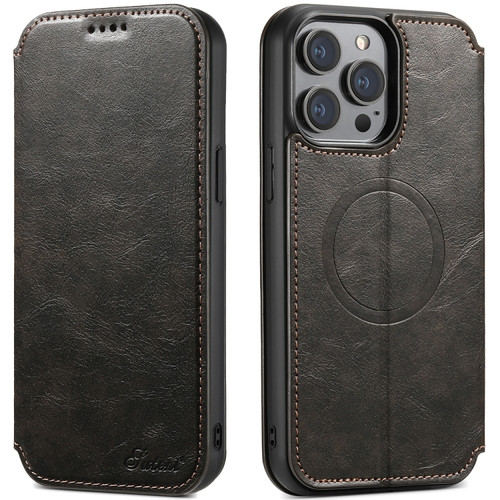 iPhone 15 Pro Suteni J05 Leather Magnetic Magsafe Phone Case - Black