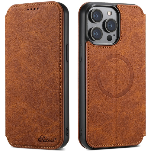 iPhone 15 Pro Suteni J06 Retro Matte Litchi Texture Leather Magnetic Magsafe Phone Case - Khaki