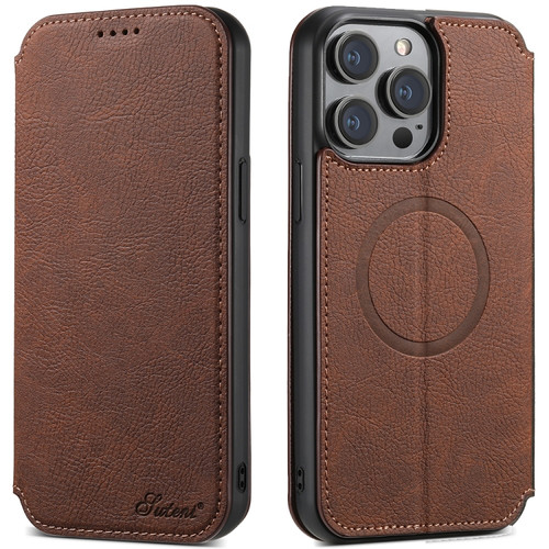 iPhone 15 Pro Suteni J06 Retro Matte Litchi Texture Leather Magnetic Magsafe Phone Case - Brown