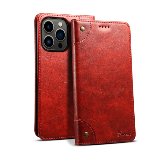 iPhone 15 Pro Suteni Baroque Calf Texture Buckle Wallet Leather Phone Case - Red