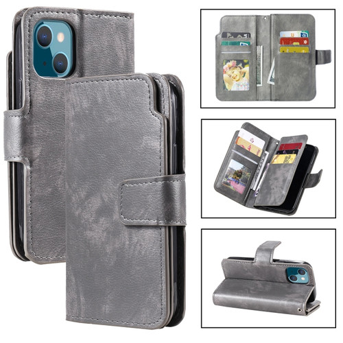 iPhone 15 Tri-Fold 9-Card Wallets Leather Phone Case - Grey