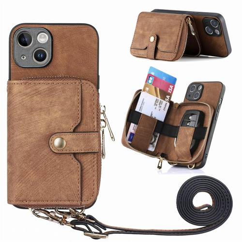 iPhone 15 Crossbody Multi-function Zipper Wallet Phone Case - Brown