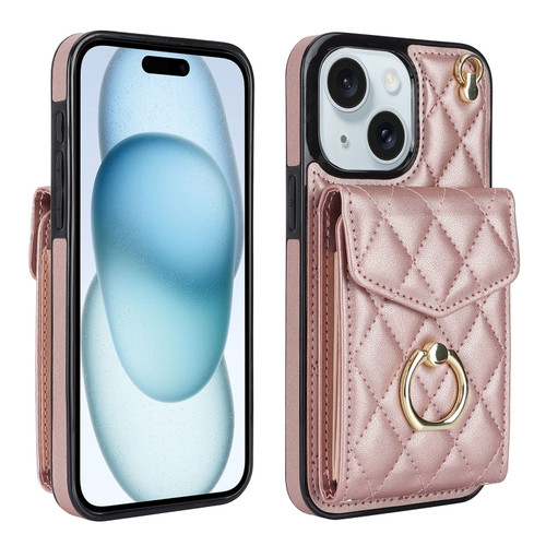 iPhone 15 Rhombic Texture Card Bag Phone Case with Long Lanyard - Rose Gold