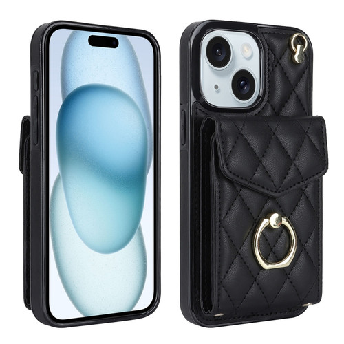 iPhone 15 Rhombic Texture Card Bag Phone Case with Long Lanyard - Black