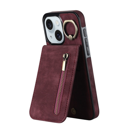 iPhone 15 Retro Ring and Zipper RFID Card Slot Phone Case - Wine Red