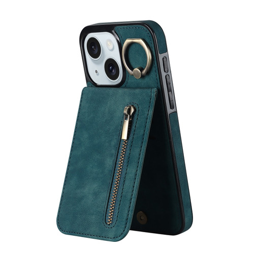 iPhone 15 Retro Ring and Zipper RFID Card Slot Phone Case - Blue