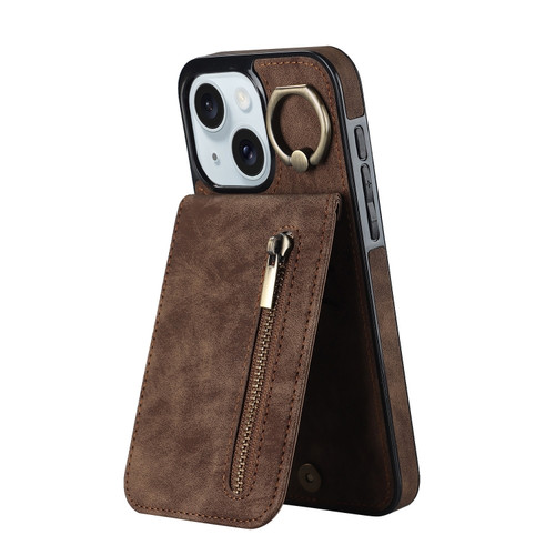 iPhone 15 Retro Ring and Zipper RFID Card Slot Phone Case - Brown
