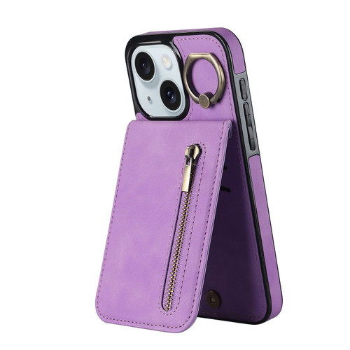 iPhone 15 Retro Ring and Zipper RFID Card Slot Phone Case - Purple
