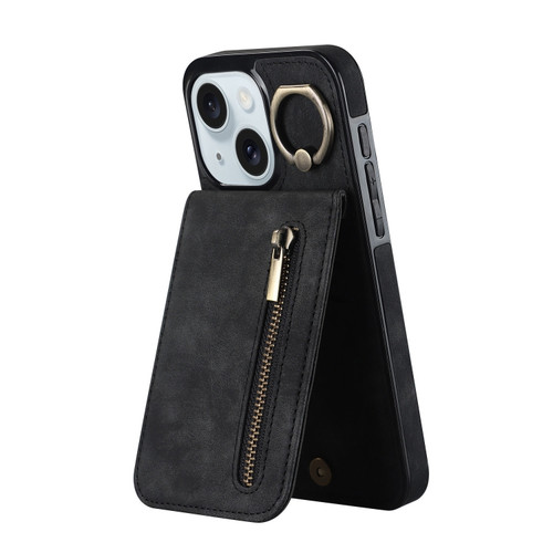 iPhone 15 Retro Ring and Zipper RFID Card Slot Phone Case - Black