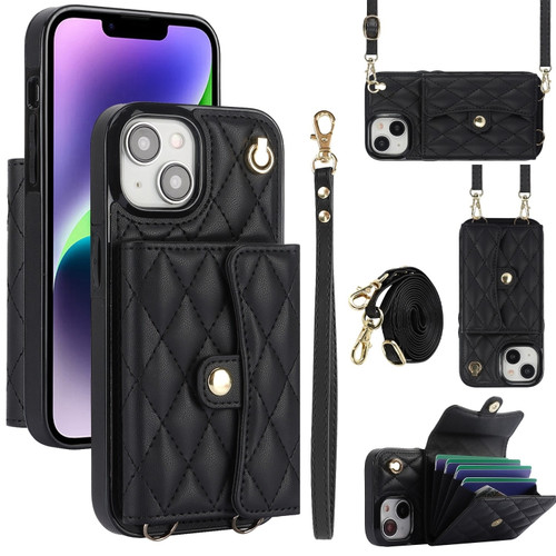 iPhone 15 Crossbody Rhombic Horizontal Wallet Leather Phone Case - Black