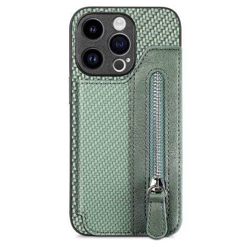 iPhone 15 Carbon Fiber Horizontal Flip Zipper Wallet Phone Case - Green