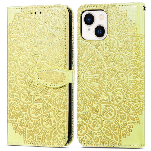 iPhone 15 Blooming Mandala Embossed Wings Buckle Leather Phone Case - Yellow