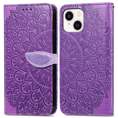 iPhone 15 Blooming Mandala Embossed Wings Buckle Leather Phone Case - purple