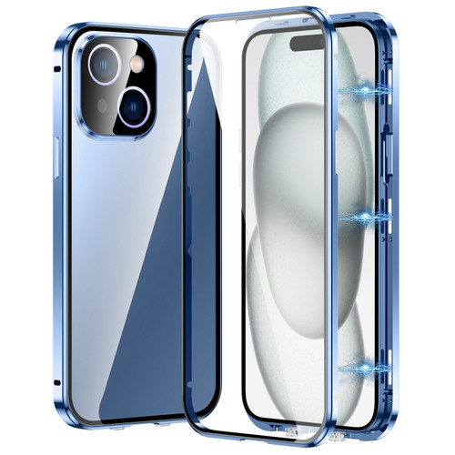 iPhone 15 Magnetic Double-buckle HD Tempered Glass Phone Case - Blue