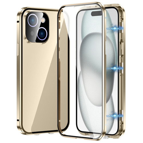 iPhone 15 Magnetic Double-buckle HD Tempered Glass Phone Case - Gold