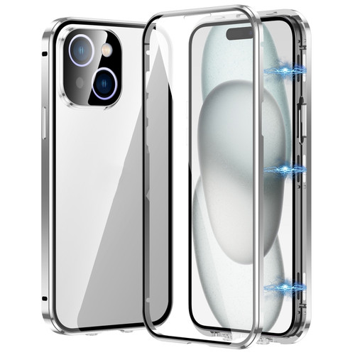iPhone 15 Magnetic Double-buckle HD Tempered Glass Phone Case - Silver