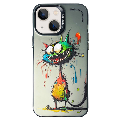 iPhone 15 Double Layer Color Silver Series Animal Oil Painting Phone Case - Big Eyed Cat