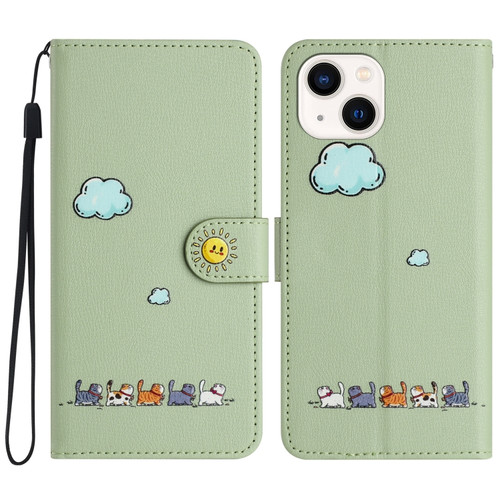 iPhone 15 Cartoon Cats Leather Phone Case - Green