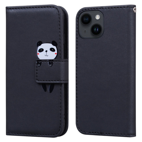 iPhone 15 Cartoon Buckle Horizontal Flip Leather Phone Case - Black