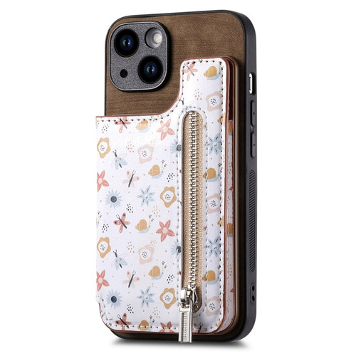 iPhone 15 Retro Painted Zipper Wallet Back Phone Case - Brown