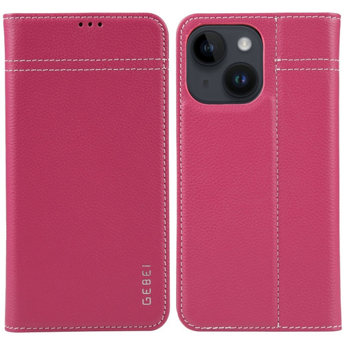 iPhone 15 GEBEI Top-grain Horizontal Flip Leather Phone Case - Rose Red