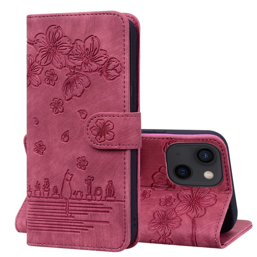 iPhone 15 Cartoon Sakura Cat Embossed Leather Phone Case - Wine Red