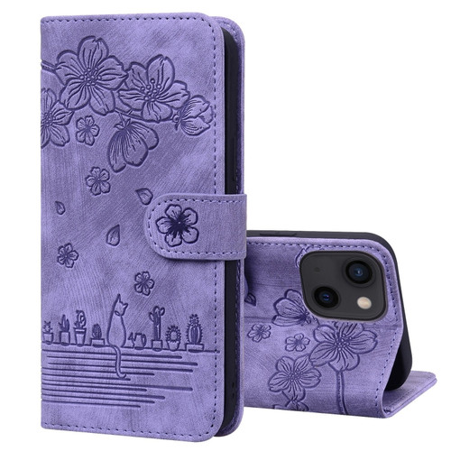 iPhone 15 Cartoon Sakura Cat Embossed Leather Phone Case - Purple