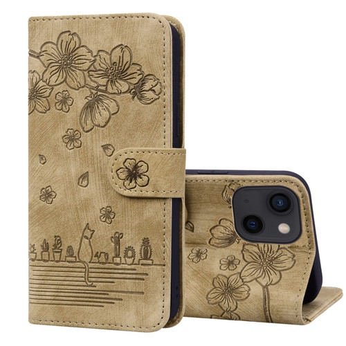 iPhone 15 Cartoon Sakura Cat Embossed Leather Phone Case - Brown