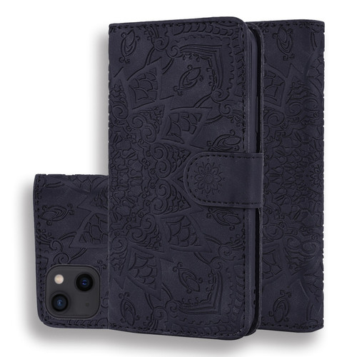 iPhone 15 Mandala Embossed Dual-Fold Calf Leather Phone Case - Black