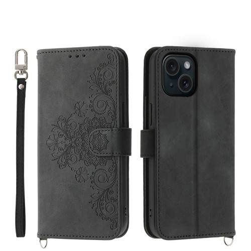 iPhone 15 Skin-feel Flowers Embossed Wallet Leather Phone Case - Black