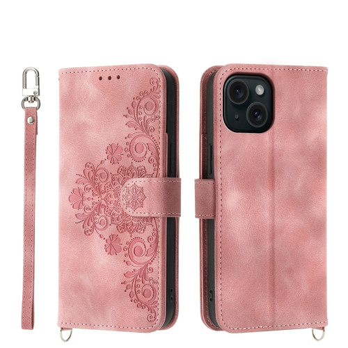 iPhone 15 Skin-feel Flowers Embossed Wallet Leather Phone Case - Pink