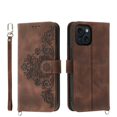 iPhone 15 Skin-feel Flowers Embossed Wallet Leather Phone Case - Brown