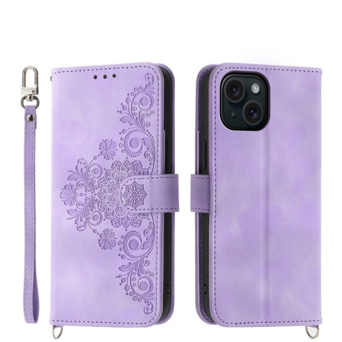 iPhone 15 Skin-feel Flowers Embossed Wallet Leather Phone Case - Purple
