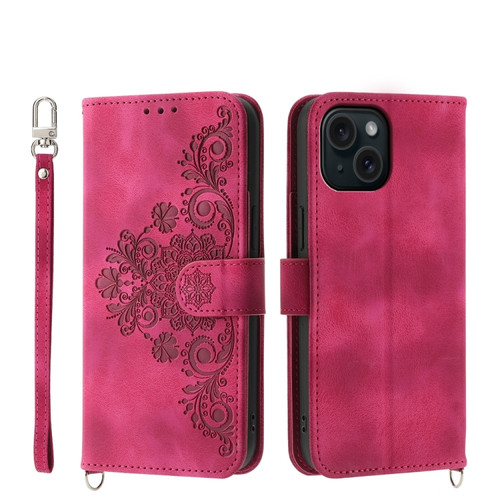 iPhone 15 Skin-feel Flowers Embossed Wallet Leather Phone Case - Wine Red