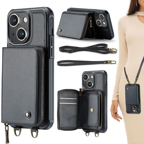 iPhone 15 JEEHOOD C22 Series Zipper Wallet Leather Phone Case with Dual Lanyard - Black
