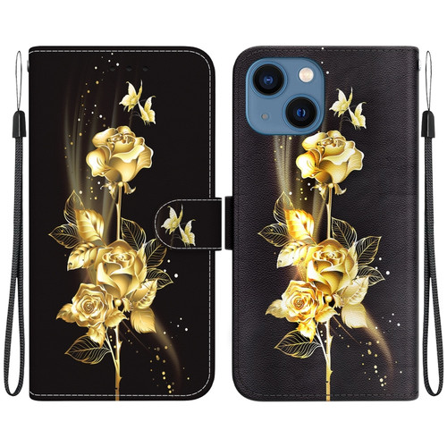 iPhone 15 Crystal Texture Colored Drawing Leather Phone Case - Gold Butterfly Rose