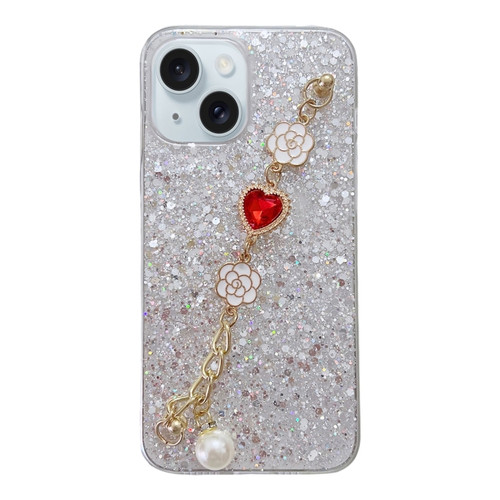 iPhone 15 Starry Sequin Love Gem Chain Epoxy TPU Phone Case - Silver