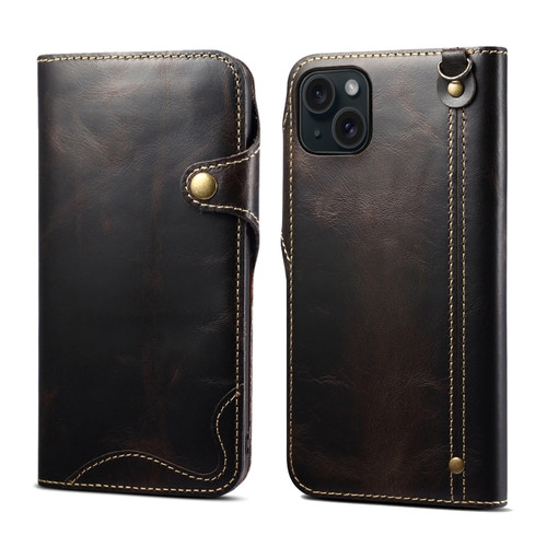 iPhone 15 Denior Oil Wax Cowhide Magnetic Button Genuine Leather Case - Black