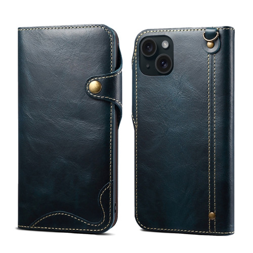 iPhone 15 Denior Oil Wax Cowhide Magnetic Button Genuine Leather Case - Dark Blue