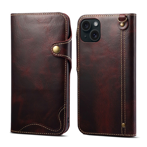 iPhone 15 Denior Oil Wax Cowhide Magnetic Button Genuine Leather Case - Dark Red