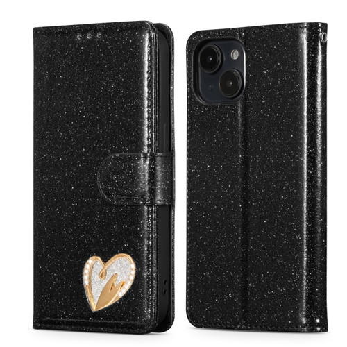 iPhone 15 Glitter Powder Love Leather Phone Case - Black