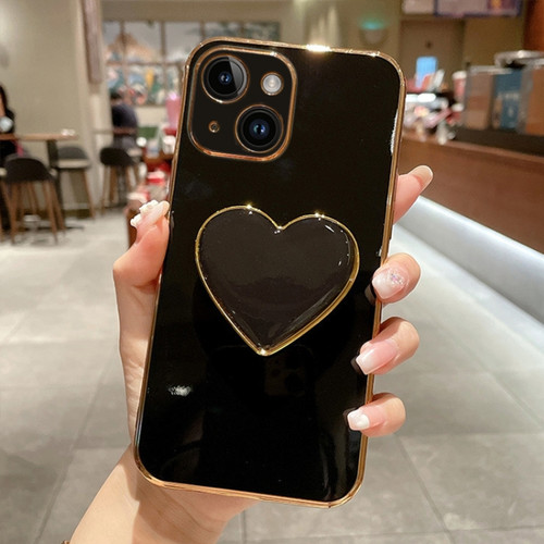 iPhone 15 Electroplating Love Heart Holder TPU Phone Case - Black