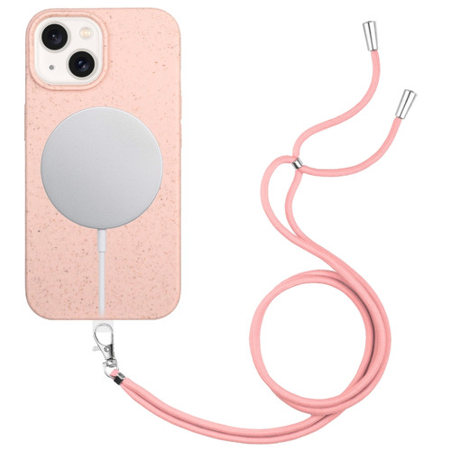 iPhone 15 Wheat MagSafe Magnetic Straw Material + TPU Phone Case with Lanyard - Pink