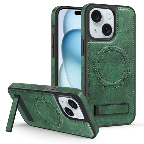 iPhone 15 Multi-function Holder MagSafe PU Phone Case - Dark Green