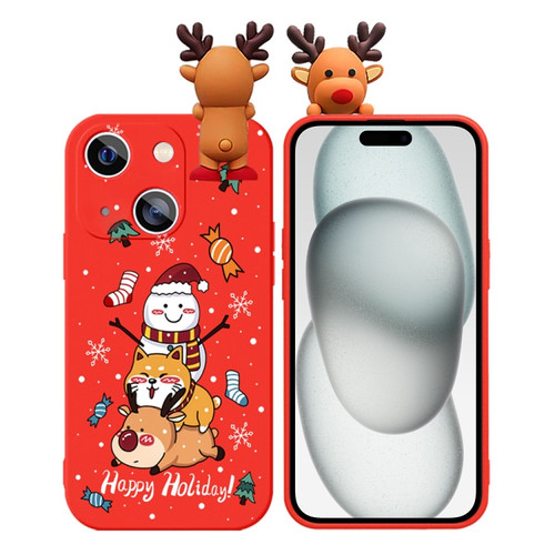 iPhone 15 Colored Drawing Deer Relief Doll Soft TPU Phone Case - Snowman and Deer