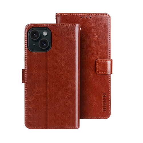 iPhone 15 idewei Crazy Horse Texture Leather Phone Case with Holder - Brown