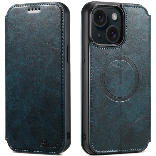 iPhone 15 Suteni J05 Leather Magnetic Magsafe Phone Case - Blue