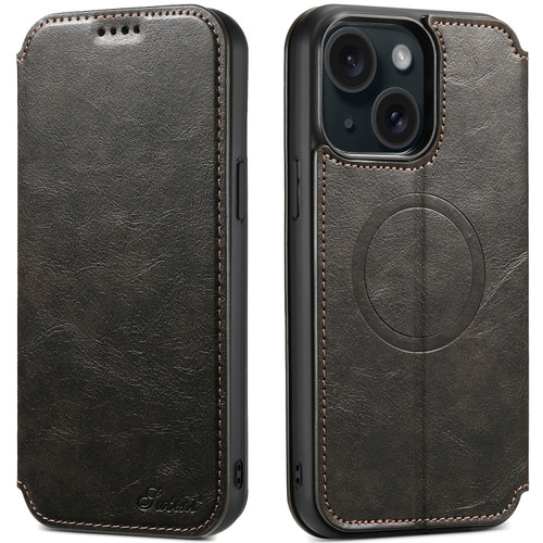 iPhone 15 Suteni J05 Leather Magnetic Magsafe Phone Case - Black